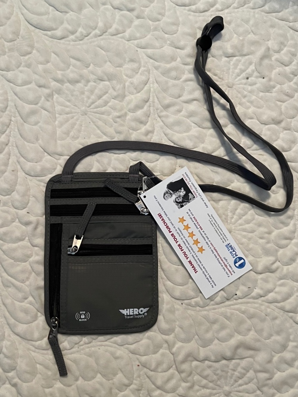 HERO RFID Blocking Travel Neck Wallet Passport Holder Gray NWT Anti-Theft